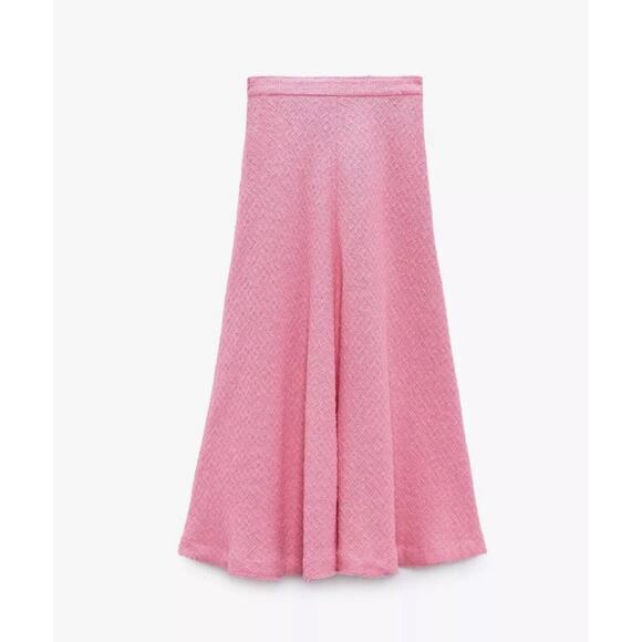 ZARA Barbie Pink Maxi Textured Flared Hem Tweed Skirt Blogger‎ Fav Size L - Picture 6 of 9